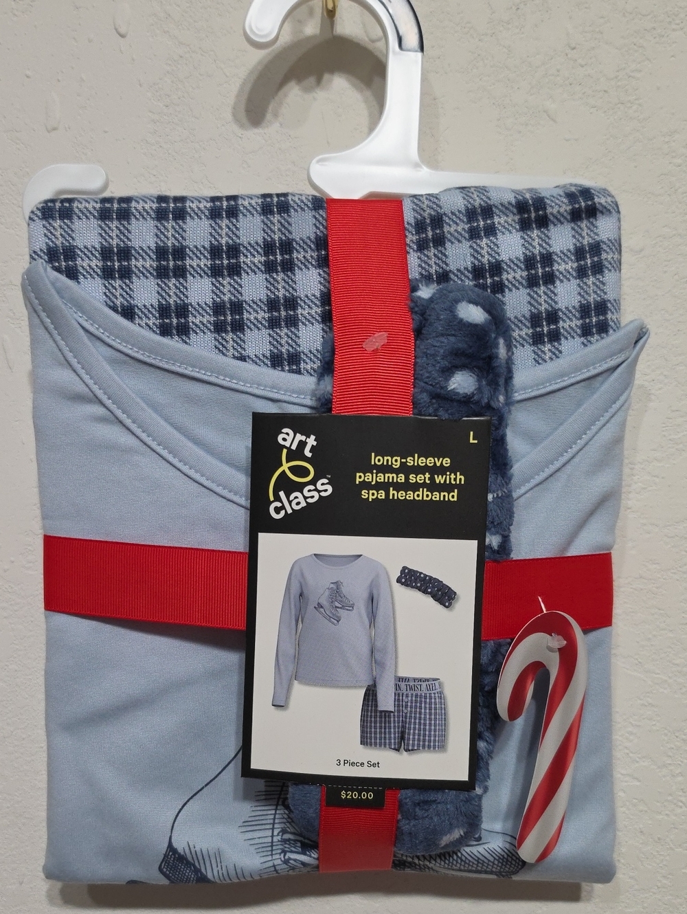 art class Light Blue Plaid Long-Sleeve Kids Pajama Set with Spa Headband